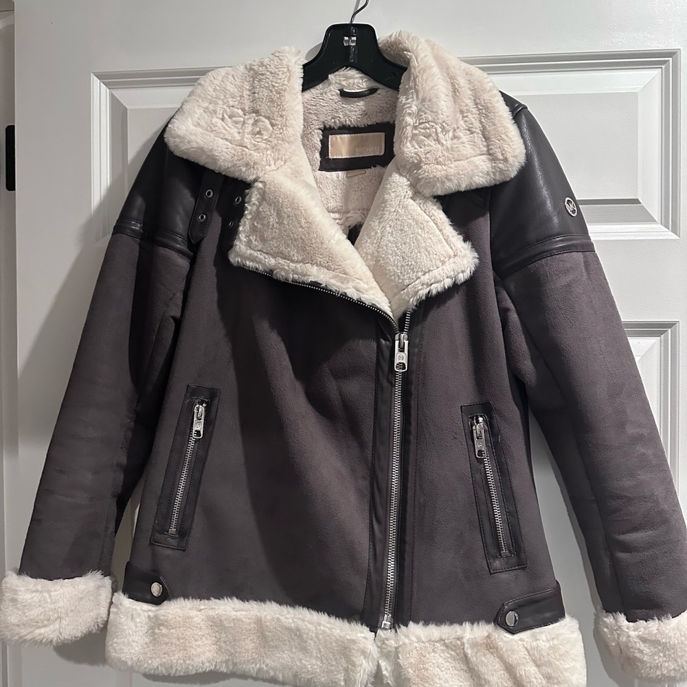 Michael Kors Taupe Brown and Cream Aviator jacket